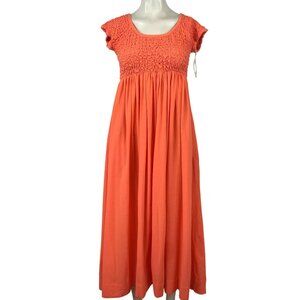 FREE PEOPLE- WOMEN'S MEDIUM - ORANGE ALL EYES ON YOU MIDI SMOCKED DRESS